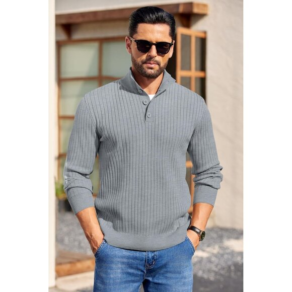 Men's Quarter Button Sweater Long Sleeve Stand Collar Sweater Knitted Grey - Picture 2 of 5